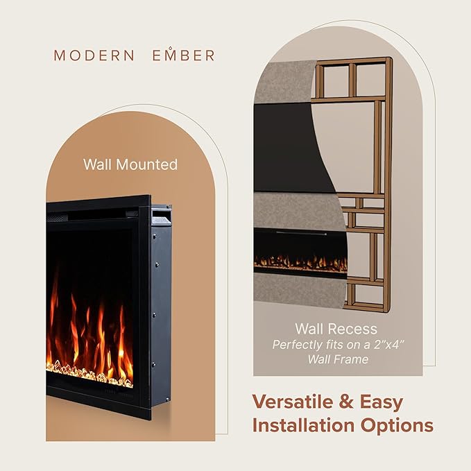 Modern Ember Aerus Slim 36 Inch Smart Linear Electric Fireplace | Recessed in-Wall or Wall-Mount | LED Multiple Flame Colors | Alexa/WiFi Enabled | 4.25” Profile | Remote Included