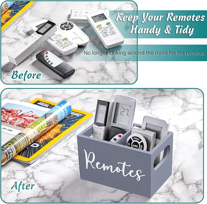 DRASTAR Remote Control Holder, Wood TV Remote Holder, Remote Storage Caddy, Remote Control Organizer (Gray, 2 Slots)