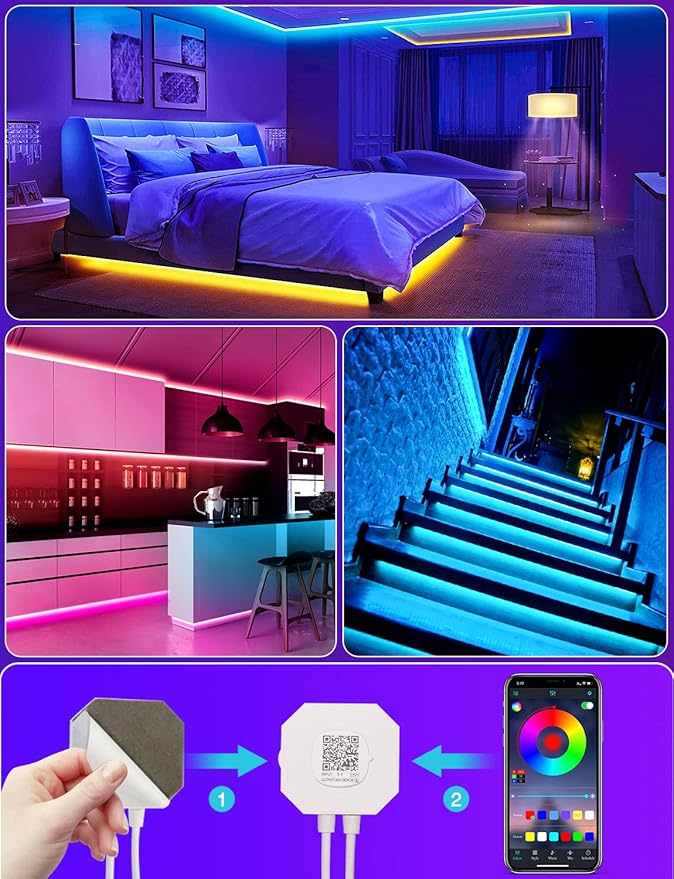 Daymeet Motion Sensor Under Bed Lights, 9.8ft RGB Motion Activated LED Strip Lights with Automatic Shut Off Timer App Control Cabinet Night Light Closet Lights for Hallway, Kitchen,Bedroom,Stair
