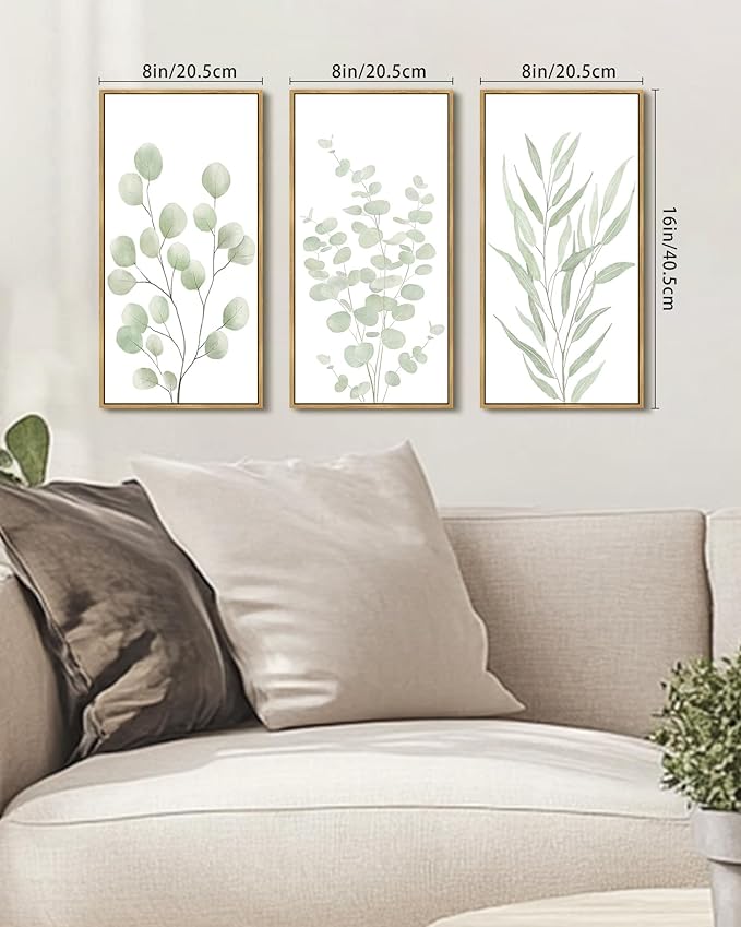 KUVIOKE Light Green Botanical Leaf Framed Wall Art Green Sage Eucalyptus Plant Illustrations Modern Artwork for Living Room Bedroom 8x16in3pcs Natural Framed