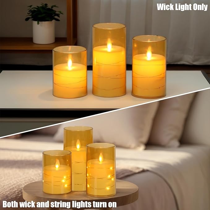 Wondise Flameless Flickering Candles with Embedded Star String Lights, Battery Operated with Moving Wick Acrylic LED Candles with Remote for Home, Wedding, Halloween, Christmas Decor(Gold)