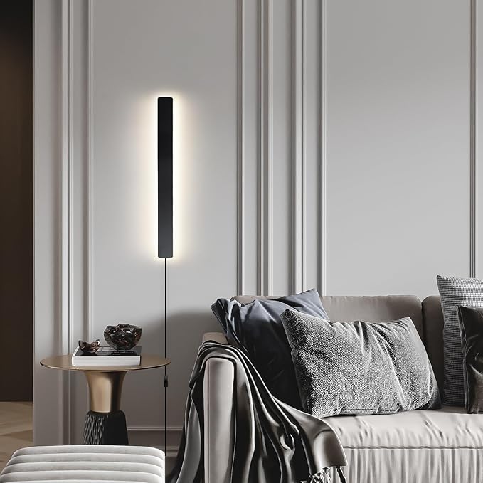Modern Plug in Wall Sconces, 23.6 inch Frosted Black LED Long Wall Lights, 12W Warm White 3000K Acrylic Indoor Wall lamp,with 59" Plug Cable for Bedroom, Living Room, Bathroom Makeup, Hallway