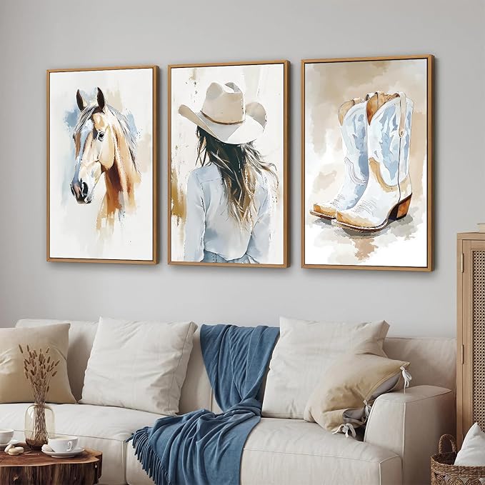YeeHomedec Large Western Cowgirl Posters Framed Canvas Wall Art Set, Blue and White Horse Wall Decor, Glam Rodeo Boots Art Print, Vintage Country Hat Artwork for Living Room Bedroom Dorm 24"x36"x3