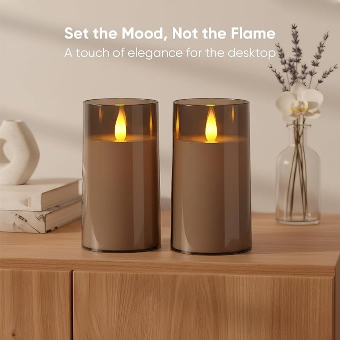 Amagic 3"×5" Gray Flameless Candles with Remote and Timer, Realistic Flickering Battery Operated Acrylic Led Fake Candles for Home Wedding Party Fall Christmas Decor, Set of 2