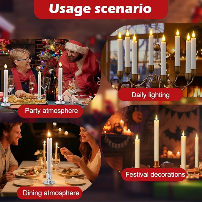 Pruk 10-Pack Flameless LED Candles w/Remote, Realistic Flickering Flame, Battery Operated Window Candles, Timer & Dimmer, Weighted Base, 10.8" Tall (Silver)