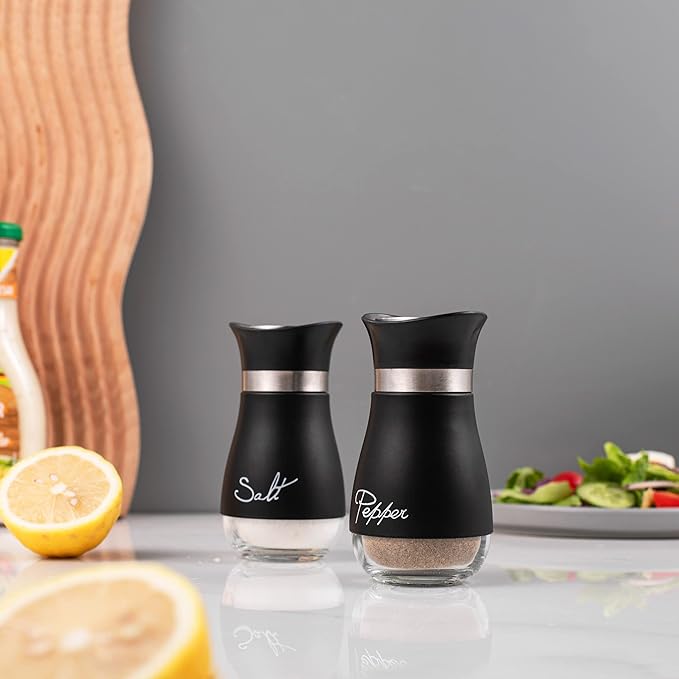 Lonffery Salt and Pepper Shakers, Stainless Steel and Glass Bottle, Set of 2, Black