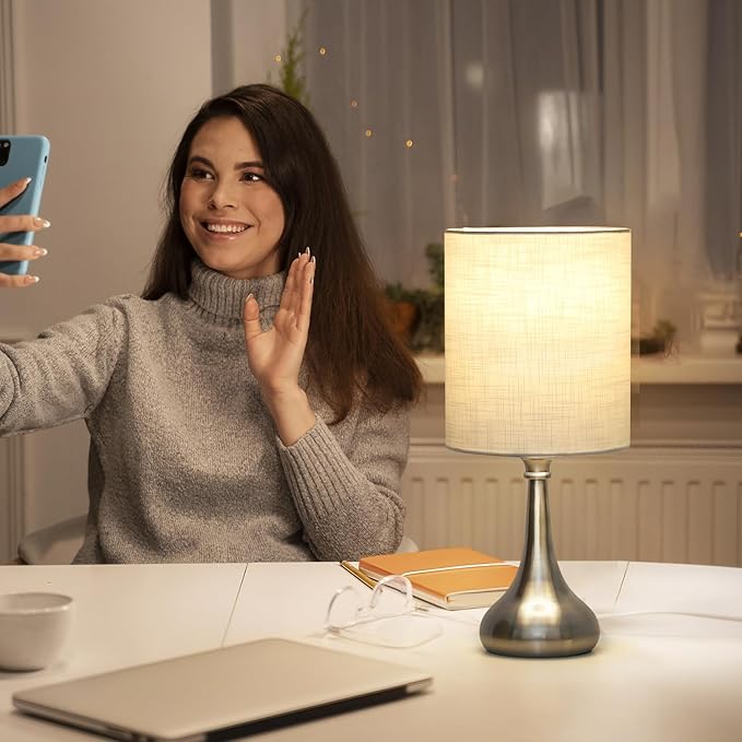 Boncoo Touch Control Table Lamp, 3 Way Dimmable Simple Night Light Lamp with White Lampshade Silver Metal Base, Small Bedside Table Lamp for Bedroom, Office, Dorm, A19 9W 3000K Bulb Included