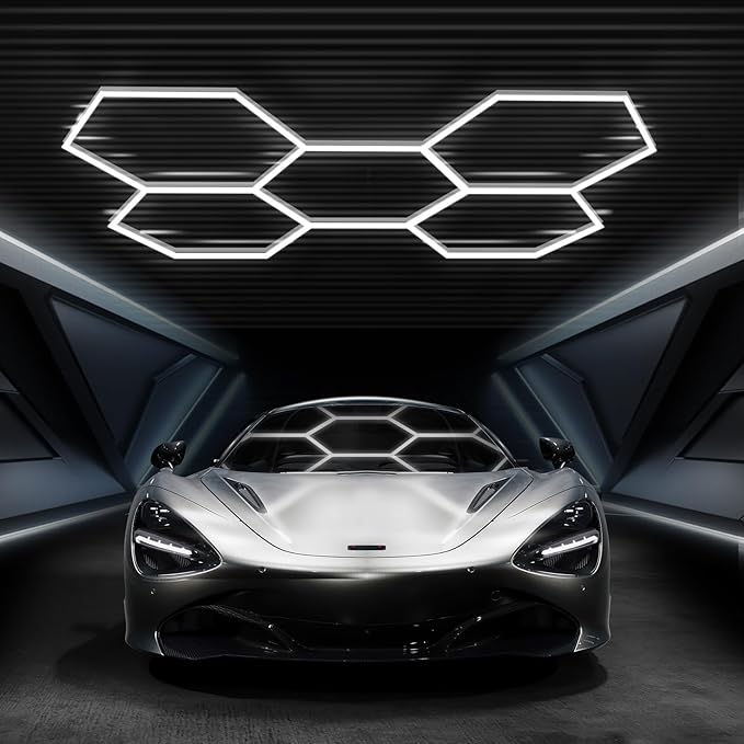 Hexagon Garage Lights 3 Level Dimmable, High Brightness 168W 5600 to 18480 Lumens 6500K Honeycomb Led Light 5 Grid for Garage, Auto Beauty Shop, Car Detailing Shop, Workshop