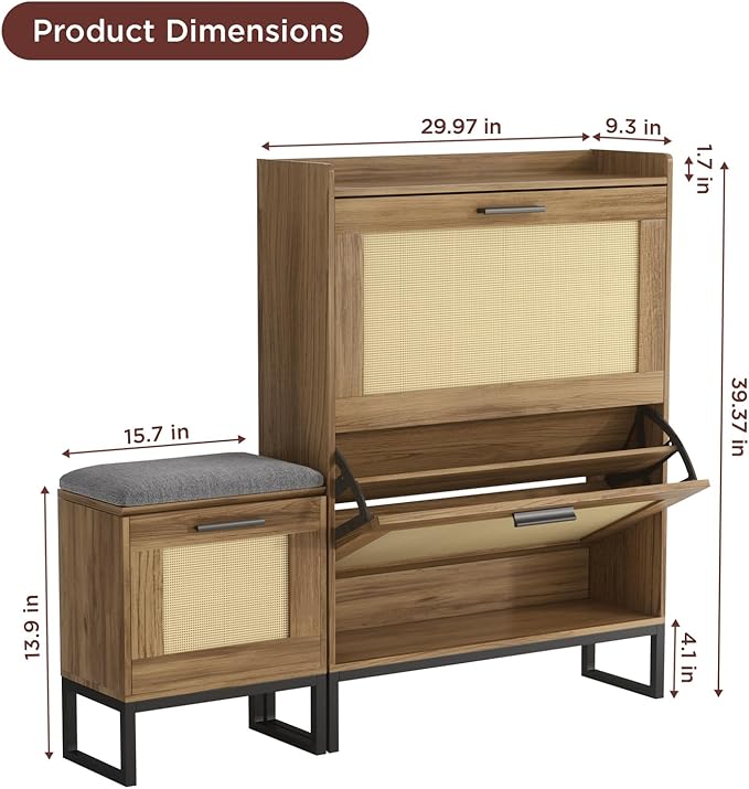 Maupvit Shoe Storage Cabinet with Bench,Rattan Entryway Shoe Storage Bench with 2 Flip Drawers and Hanging Hooks,Narrow Slim Shoe Cabinet for Entryway,Living Room,Hallway,Rustic Oak