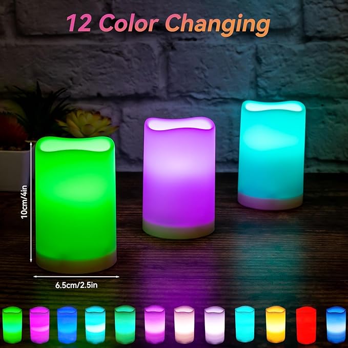 LED Flickering Flameless Candles with Color Changing, Remote Control and Auto-Off Timer, 100 Hours Working Time, Battery-Operated.Multi-Color