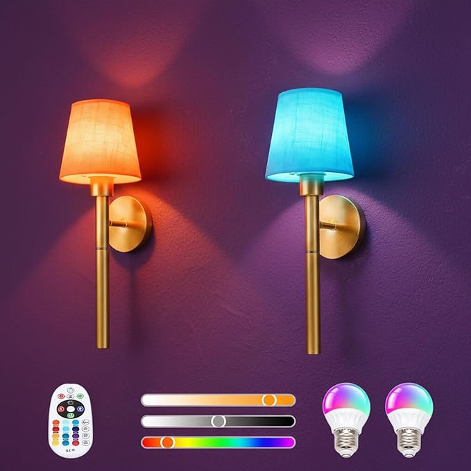 Tomshine 2 Pack Battery Operated Wall Sconces, 5200mAh Rechargeable Wireless Wall Lights with Remote, Magnetic Detachable RGB Dimmable Gold Fabric Lamp for Bedroom Living Room