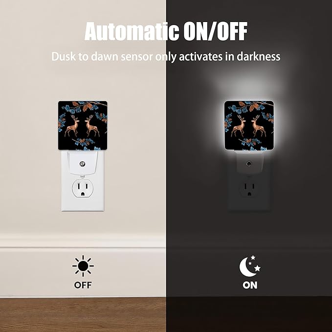 Retro Deers Night Light, Pine Branches Night Lights Plug into Wall Decor for Bedroom, Bathroom, Hallway, Kitchen, Dusk to Dawn Sensor Nightlights for Girls Women Room Gifts