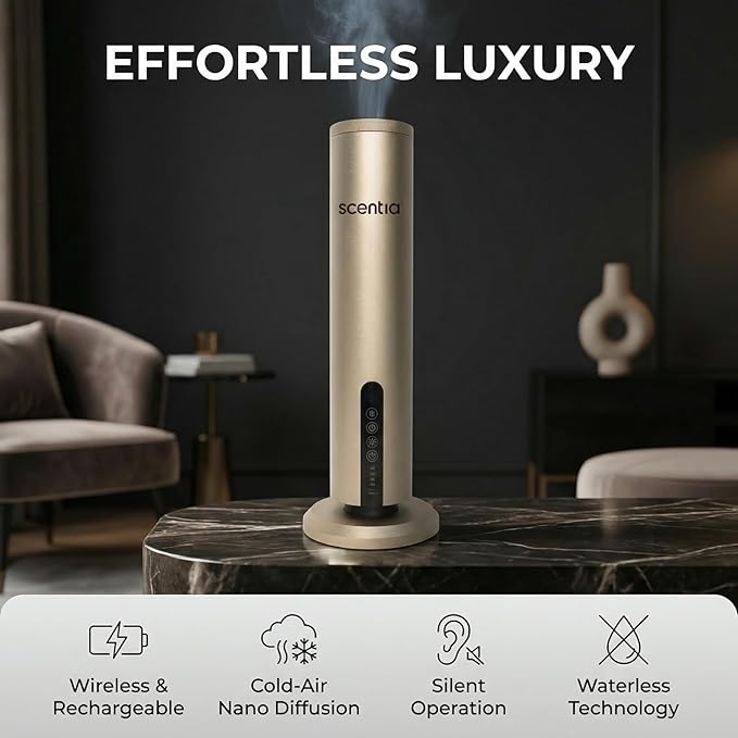 Scentia Wireless Waterless Hotel Scent Diffuser | Includes Premium USA-Made Oil Blend | App Controlled, Cordless | Home, Office, Spa, Aromatherapy | Covers 1500 Sq Ft | 72 Hrs in 1 Charging | Gold
