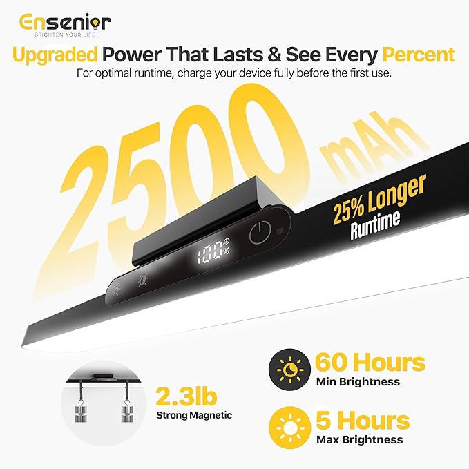 Upgraded Under Cabinet Lights Wireless, 2500mAh Rechargeable Battery Operated Lights with Digital Display, 130° Rotatable Magnetic Light Bar, Remote Control Dimmable Stick On Light for Mirror School