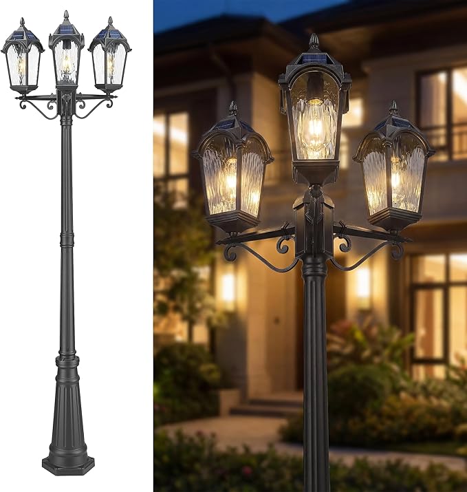 FEMILA 3-Light Solar Outdoor Pole Lights, 85.4" Aluminum Glass Lamp Posts Outdoor Lighting, Dusk to Dawn Solar Street Light with Remote Control for Yard Garden Driveway, 4FYX95PL-3 SL BK