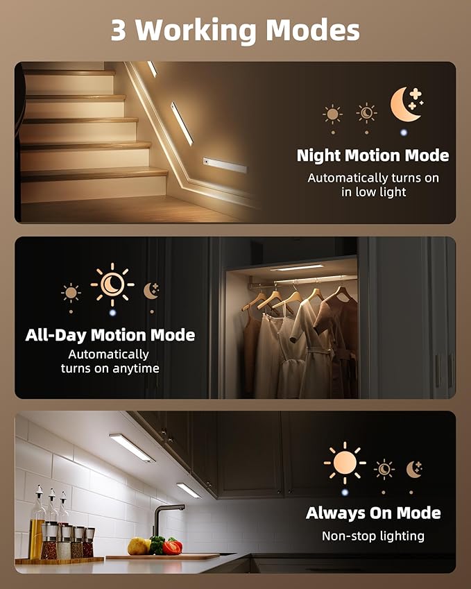 EZVALO 12inch Under Cabinet Lighting, 3200mAh Rechargeable Motion Sensor Light Indoor, with Dimmable & 3 Color Temps, Magnetic Closet Lights, Wireless Under Counter Lights for Kitchen, Stairs (4-Pack)