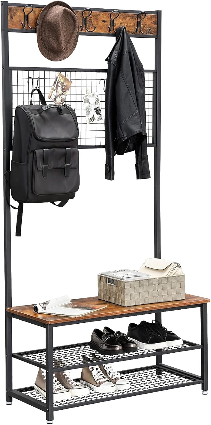 VASAGLE Industrial Coat Rack Stand, Shoe Rack Bench with Grid Memo Board, 9 Hooks and Storage Shelves, Hall Tree with Stable Metal Frame, Rustic Brown UHSR46BX