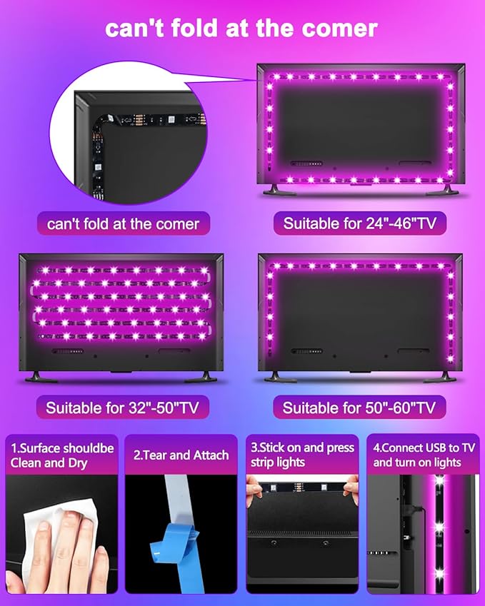 Daymeet TV LED Backlight, 9.8ft for TV Behind 32-60 inch TV Led Lights for Monitor Backlight RGB Led Light Strip, USB Powered Lights with Remote Music Sync Bluetooth APP Control