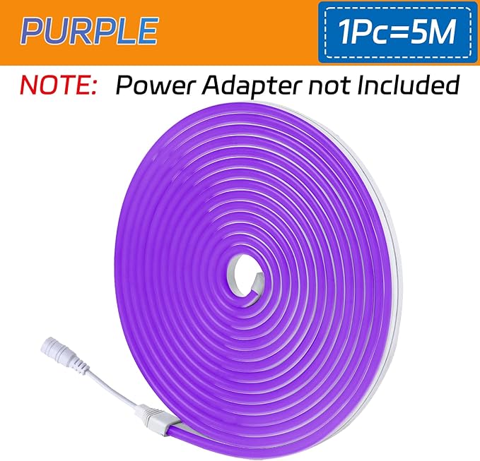 LED Neon Lights Flexible Purple 16.4FT/5M 12V DC Waterproof Flexible LED NEON Light for Indoors Outdoors Decorm [ No Power Adapter] Purple