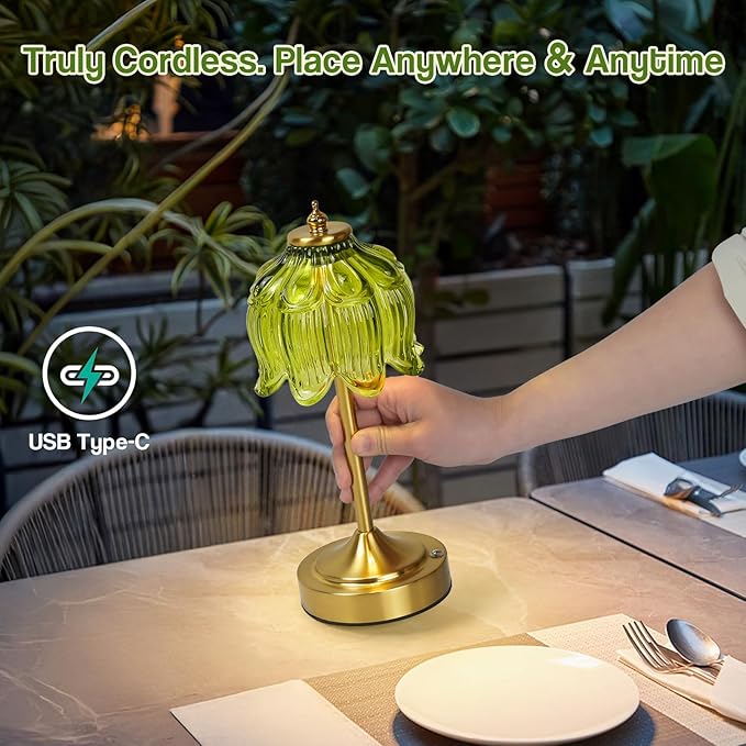 Cordless Lotus Flower Table Lamp, 5200mAh Rechargeable Battery Operated Portable Lamp, 3-Color Dimmable Touch Control Small Desk Lamp for Bedroom, Office, Kitchen, Nightstand,Room Decor(Green)