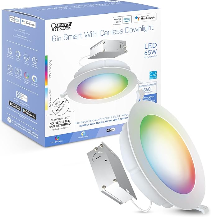 Feit Electric 6" Smart LED Canless Recessed Downlight, 65W EQ, Dimmable, Wifi Enabled, Compatible with Alexa and Google Home Asst, Color Changing, 90 CRI, 850 Lumens