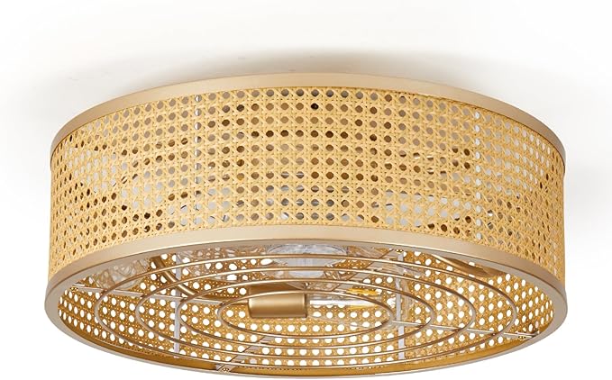 Boho Caged Ceiling Fan with Light, 20'' Rattan Flush Mount Ceiling Fan with Light and Remote Control for Bedroom Kitchen Living Room