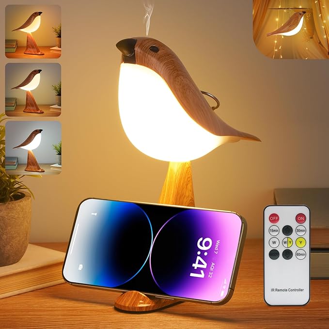 Small Bird Table Lamp, 2600mAh Touch Cordless Bedside Lamp with Remote Control & Phone Holder, 3-Color Dimmable Kids Night Light, Rechargeable Desk Lamp with Timer & Bird Sounds for Toddler Kids