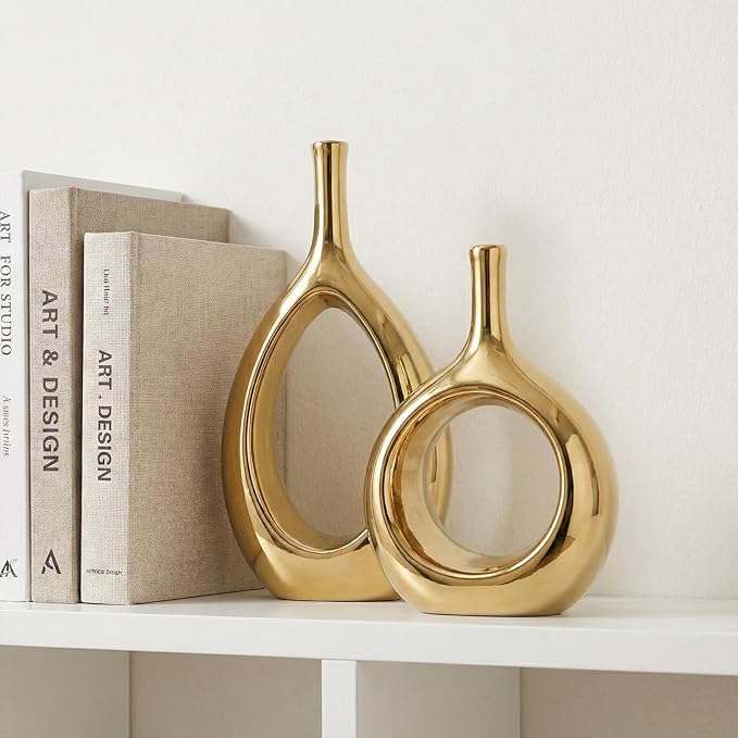 Glossy Gold Vase Ceramic Gold Vases Home Decor,Modern Minimalist Circle with Hole Decorative Vase, Hollow Ellipse Flower vases for Bookshelf, Fireplace Mantle, Centerpieces,Farmhouse,Rustic Décor