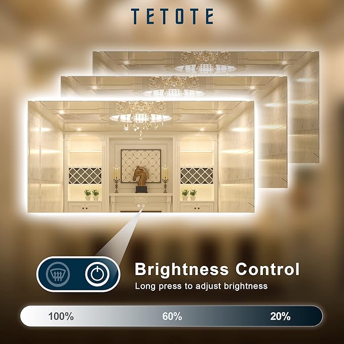 TETOTE 72 x 36 Inch LED Backlit Bathroom Mirror with Lights,3Color White/Warm/Natural,Anti-Fog Lighted Mirror,Dimmable,Vanity Mirror,Wall Mounted