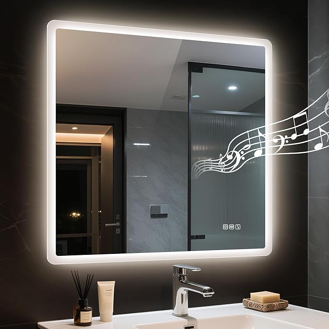STARLEAD 36"x36" LED Bathroom Mirror with Bluetooth Speaker, Dimmable Lighting, 3 Color Temperature, Anti-Fog, Touch Control, Wall Mounted Vanity Mirror for Daily Routines