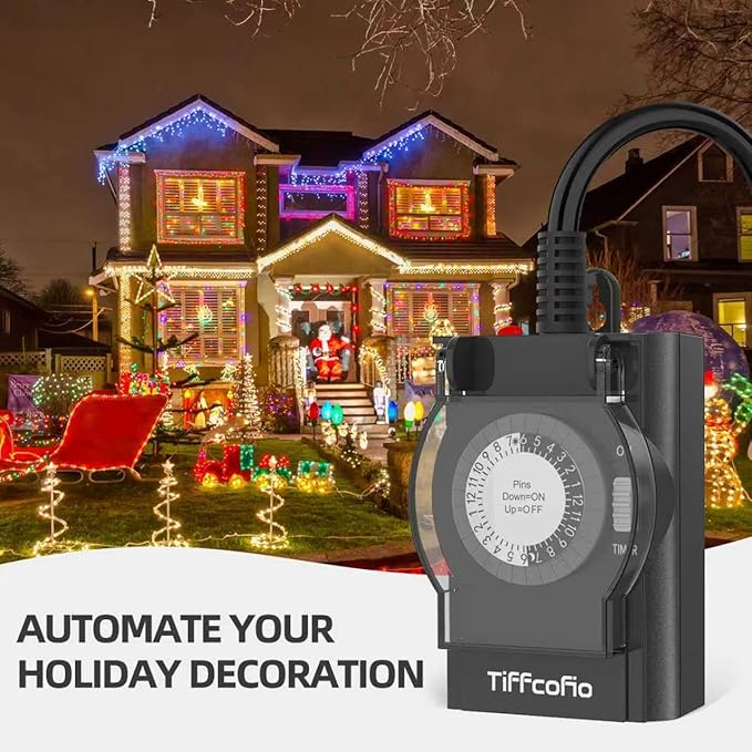 TiFFCOFiO Digital Outdoor Timer Outlet Waterproof, Dial Programmable Method, 2 Grounded Electrical Outlets for Pool Pump and Lights, 6 Sets of Programs, 15A/1875W (Mechanical, 2 Packs)