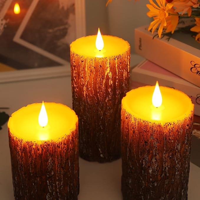 Flameless Candles Battery Operated Pillar Pine Effect Real Wax Flickering 3D Wick Electric LED Decorative Candle Sets with Remote Control Cycling 24 Hours Timer, 4" 5" 6" Pack of 3