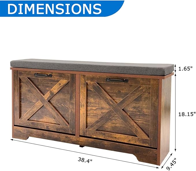 Shoe Storage Bench with 2 Flip Drawers, Entryway Bench with Removable Cushion, Hallway & Mudroom Organizer with Seat, Front Door Shoe Rack Cabinet, Brown