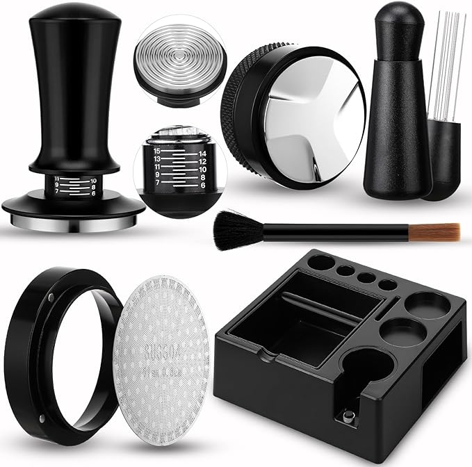7pcs Espresso Accessories Kit 51/58/53mm Tamping Station Machine Accessories Spring Loaded Calibrated Tamper Wdt Espresso Tool and Dosing Funnel Set Distributor and Tamper Leveler(51mm)