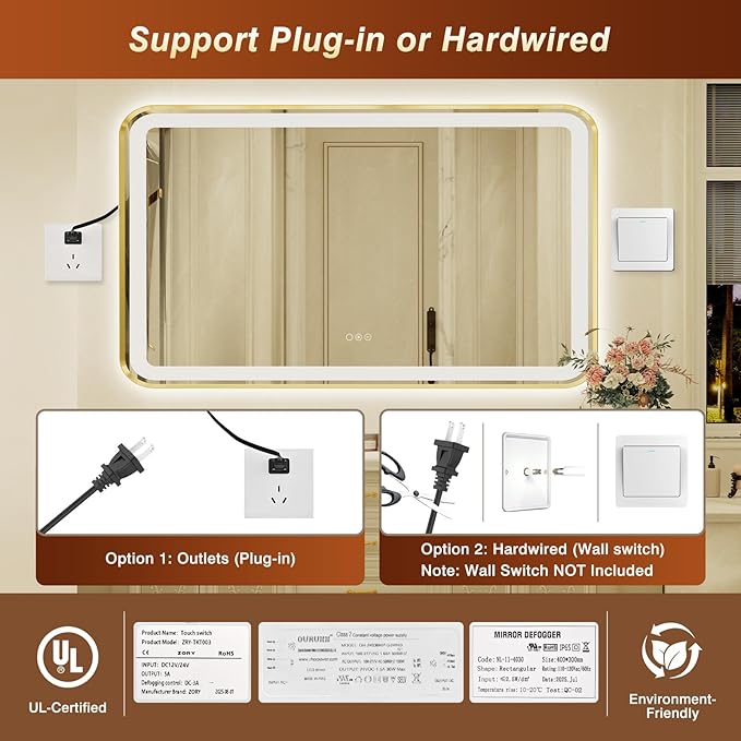 36x60 Inch LED Bathroom Mirror with Gold Frame,Front and Backlit Vanity Mirror, Stepless Dimmable Wall Mirrors with Anti-Fog, 3 Colors, Memory, Waterproof, LED Smart Bathroom Mirror