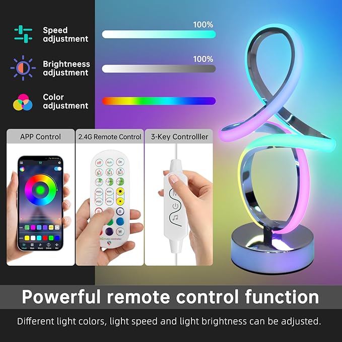 Modern RGB Table Lamps, LED Spiral Table Lamp, Silver Bedside Lamp with Remote&APP, Multicolor Changing Nightstand Lamp with Music Rhythm Modes for Bedroom, Living Room, Gaming Room, Christmas Gifts