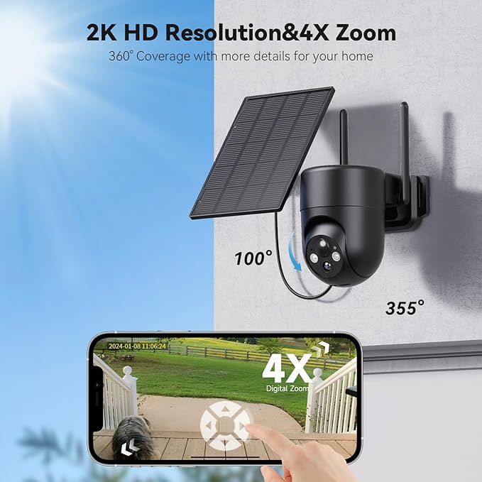 Solar Security Camera Wireless Outdoor, 2K Color Night Vision, 360°View Outdoor Camera Wireless, Instant Alerts, Remote, 2.4GHz Wi-Fi, 4pack