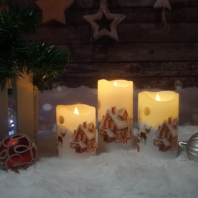 CANDLE CHOICE Christmas Flameless Candles with Remote Timer Real Wax Realistic Flickering Battery Operated Electric LED Pillars with Decals Reindeer Snowman Xmas Tree for Holiday Decorations 3 Pack