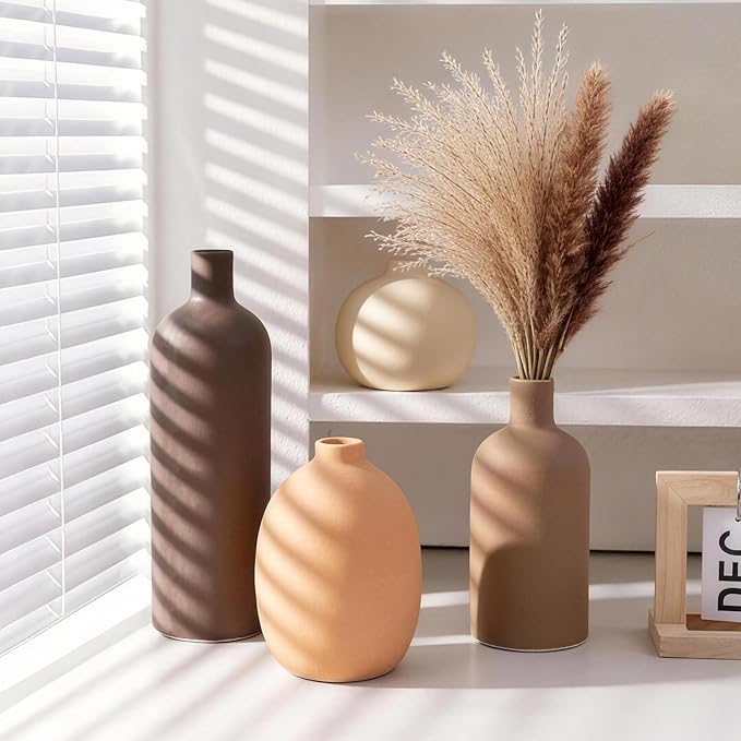 Ceramic Vase Set of 4, Modern Neutral Colors Home Decor, Rustic Farmhouse Decorative Flowers Vases for Bouquet, Pampas | Table Mantel Centerpiece Bookshelf Living Room Bedroom (Neutral Mix Set of 4)