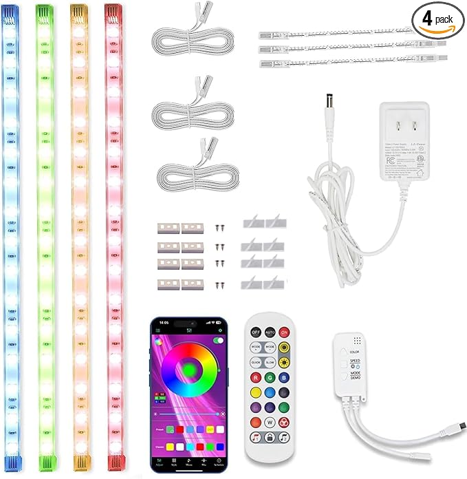 Cefrank Color Cabinet Lighting, 4pcs 12" Linkable RGB LED Light Bar Kit for Display Cabinet, Smart App & Remote Control, Music Sync, Scene Modes, Multi-Colors