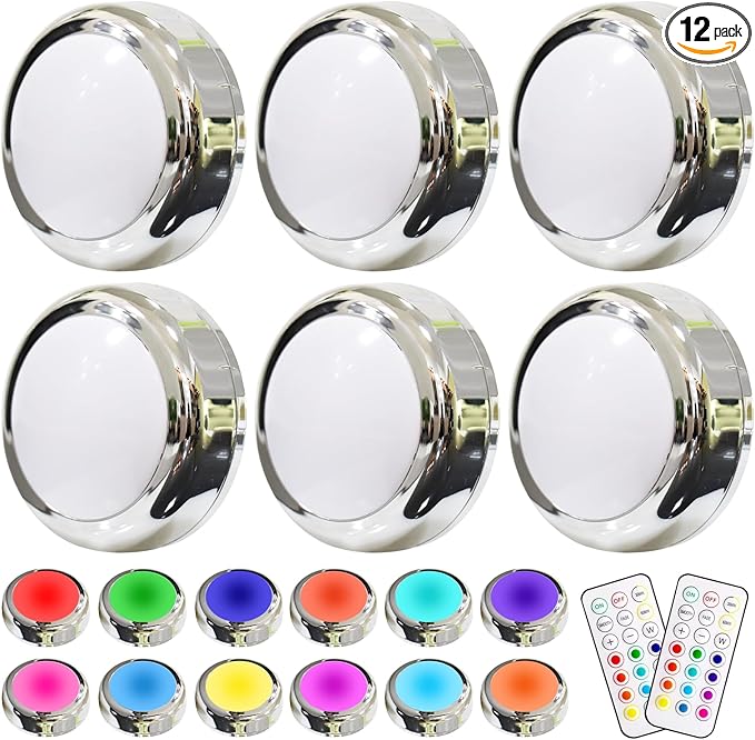 HELPLEX LED Puck Lights with Remote, 6 Pack Color Changing RGBW Stick-On Light, Battery Powered, Dimmable Under Cabinet Lighting with Timer & Memory, Wireless Push Lights for Kitchen & Closet, Silver