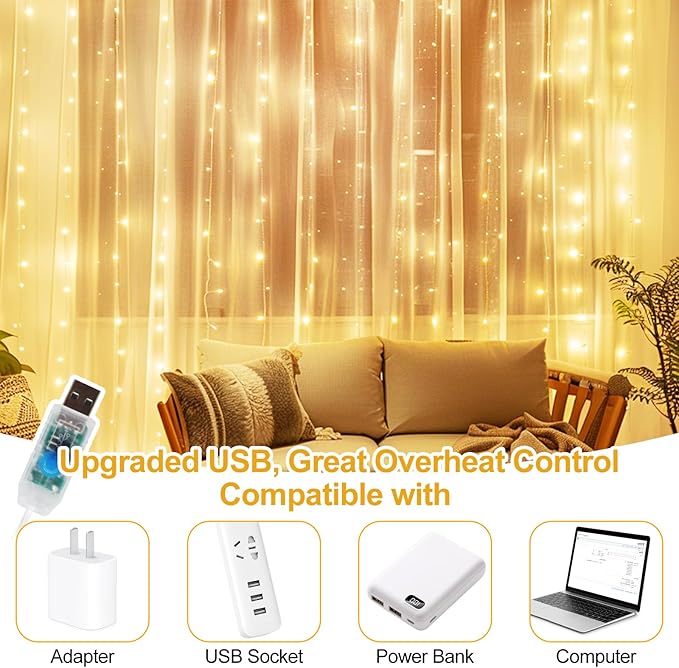 300 LED Fairy Curtain Lights, 9.8 x 9.8FT Warm White USB Plug in 8 Modes Hanging Lights with Remote for Christmas, Bedroom, Indoor, Outdoor, Weddings, Party (Warm White)