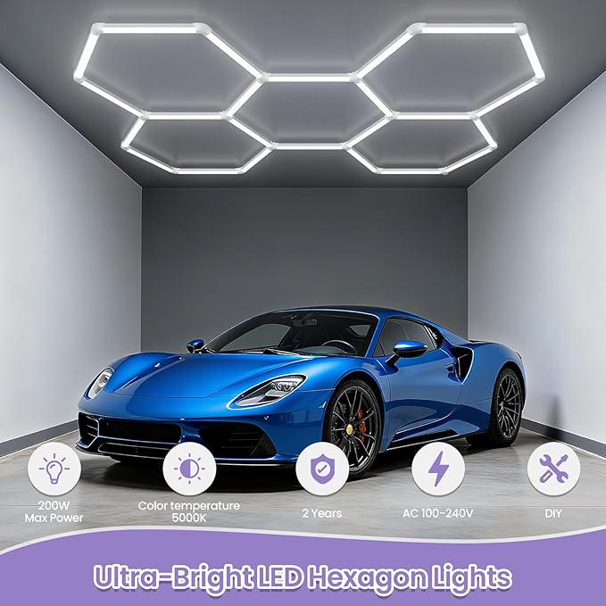 Hexagon Garage Light - 25 Pack Garage Lights Ceiling Led Hexagon,5000k Daylight White Honeycomb Lights Ceiling for Gym,Warehouse,Car Detailing Shop,Super Market