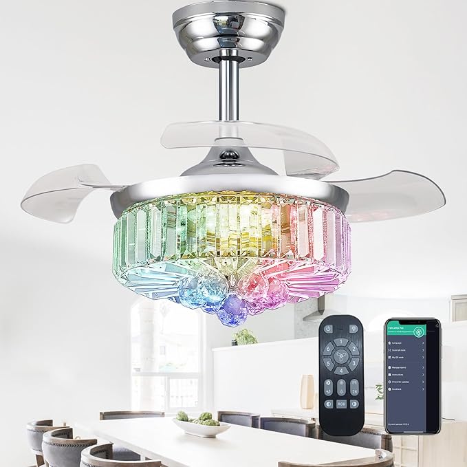30" Retractable Crystal Ceiling Fan with Light, RGB Modern Fandelier 6 Speeds Reversible Blades Dimmable Chandelier Ceiling Fan with Remote App Control Memory Timer Silver
