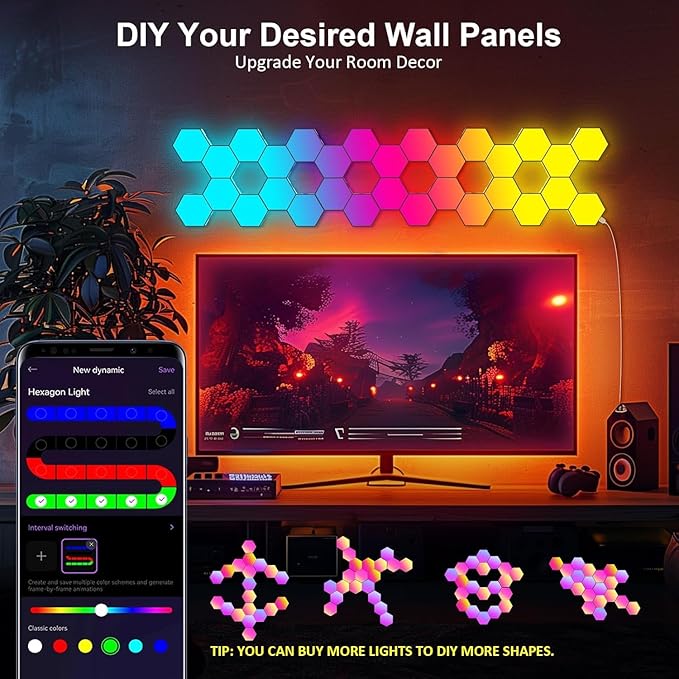 Hexagon LED Lights 8 Pack - RGB Wall Panels with Music Sync, Smart App & Remote Control, DIY Modular Hex Light for Gaming Room, Bedroom, Living Room, Wall Decor