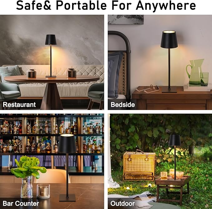 COSYLUX Portable Cordless Small Table lamp, Color & Brightness Dimmable Night Light with Touch Sensor, Rechargeable Battery Operated LED Nightstand Lamp for Bedroom Bedside, Black