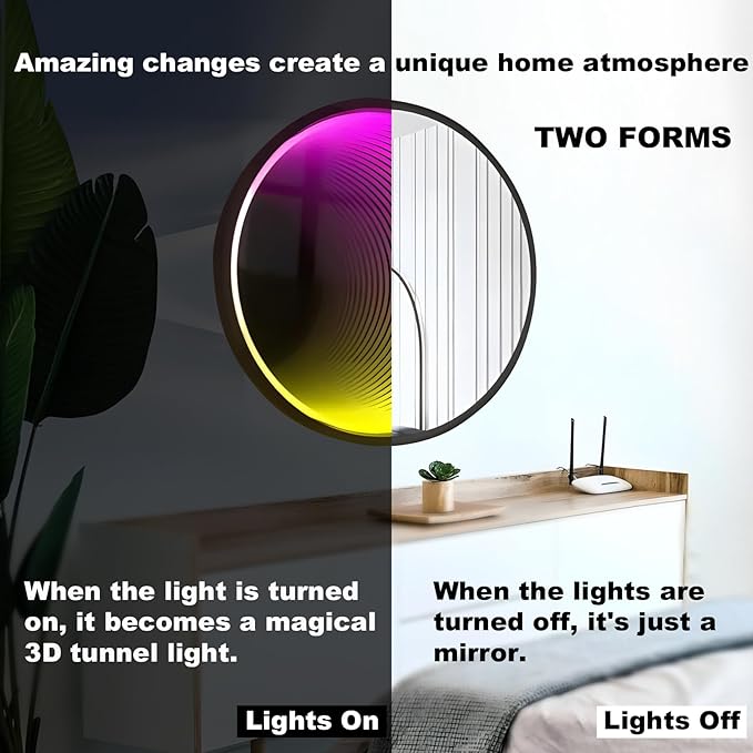 3D Infinity Mirror Light, 12" Circle LED Tunnel Wall Light with 358 LEDs, App & Remote RGB Color Changing Mirror for Gaming Room Decor, Party, Bar, Geometric Art Deco Wall Mounted