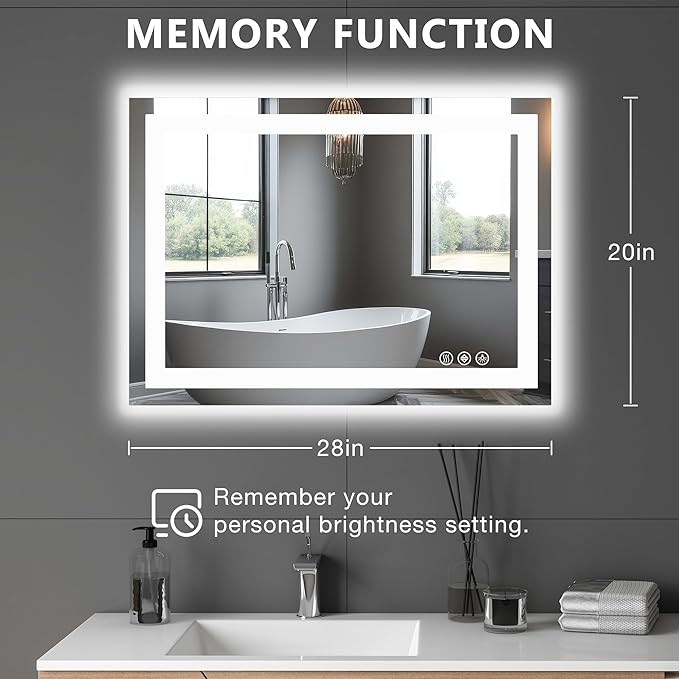 Sweetcrispy 20.1"x28.1" 1Smart Anti-Fog LED Bathroom Mirror with Front Light & Backlit, 3 Color Temperatures, Dimmable, Memory Function, Rectangle Modern Vanity Mirror