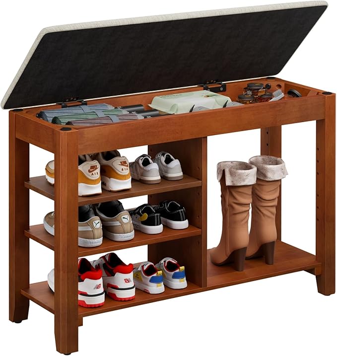 Shoe Rack Bench, Solid Wood Entryway Bench with Cushion and Flip-Top Storage, Adjustable Shelf, Shoe Organizer Bench for Front Door Entrance, Hallway, Living Room, Mudroom (Beige, 31.5" L)