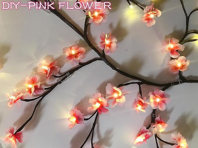 Cherry LED Tree Branch Lights for Wall, Cherry Blossom Willow Vine Twig Decor Garland with 144 LED Lights and Remote,8 Lighting Modes,Christmas Decorations Indoor for Home Wall Door Window (90inch)